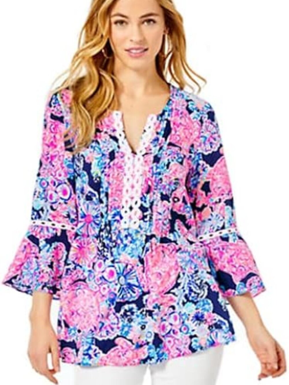 Lilly Pulitzer Women's Flounce Sleeve Hollie Tunic Top Blooming Together Small